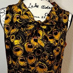 Milly Silk Peacock Print Sleeveless Blouse w/ Neck Tie Detail